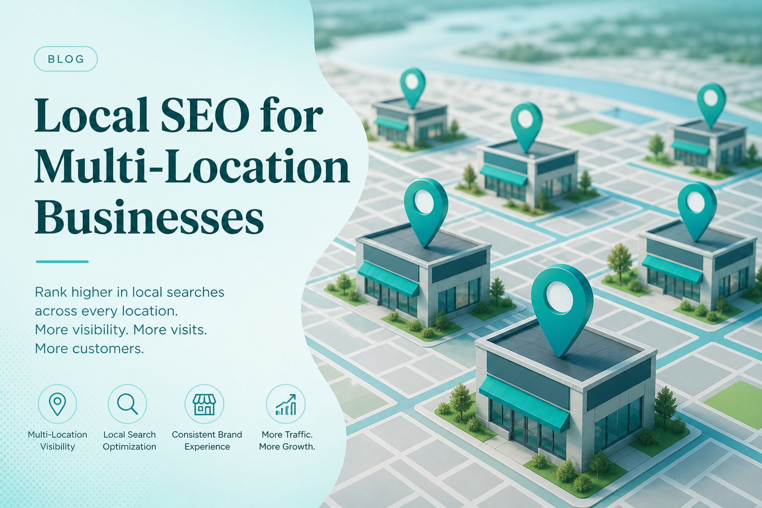 Map showing multiple business locations connected to a central local SEO management system