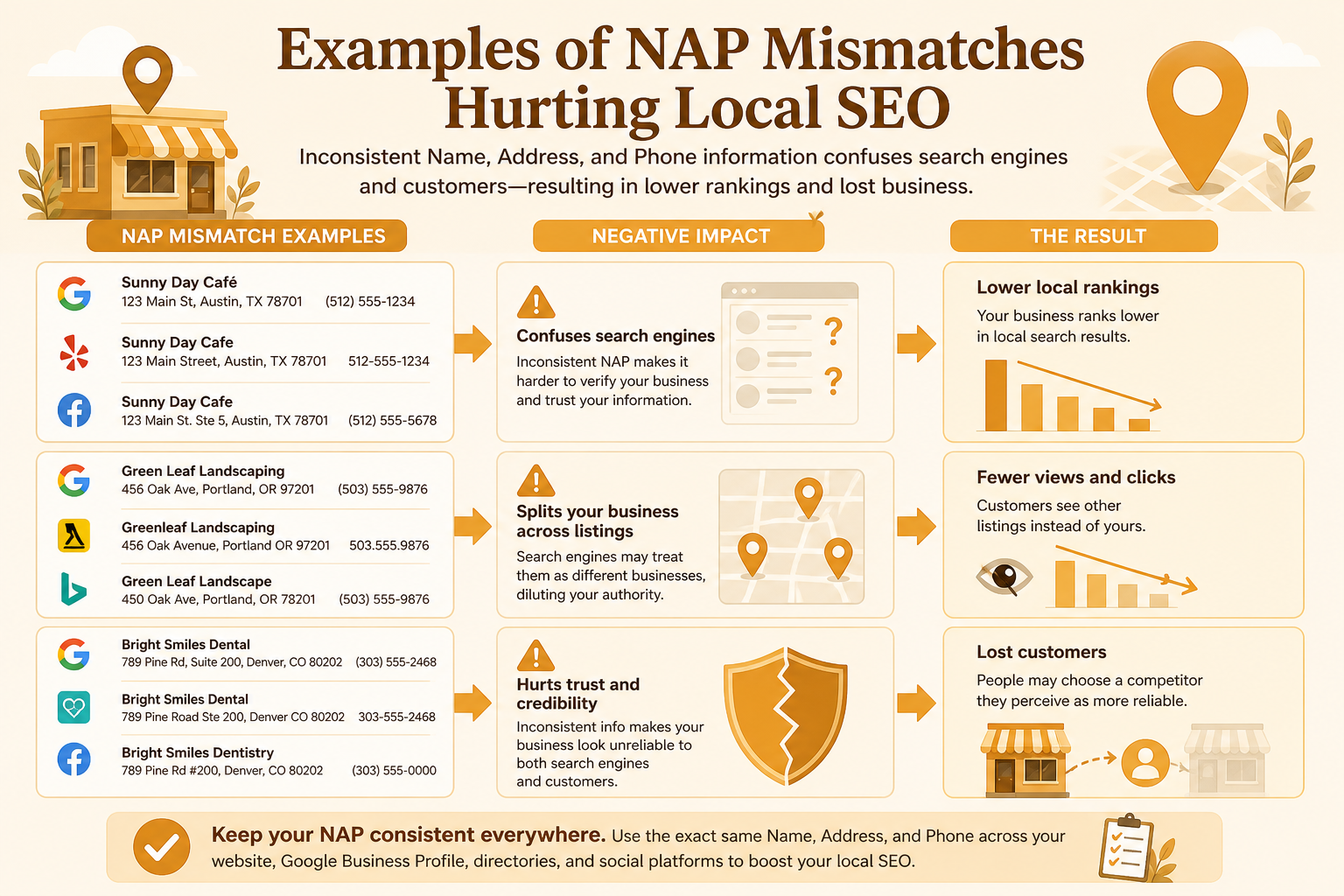 Examples of inconsistent business name, address, and phone details across different directories
