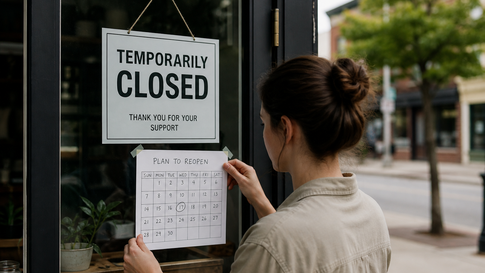 Temporarily closed shop door with reopen planning
