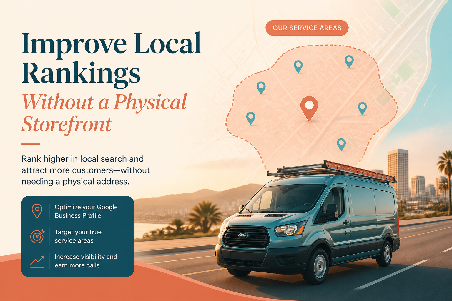 Service-area business van with a Google Maps overlay showing coverage radius