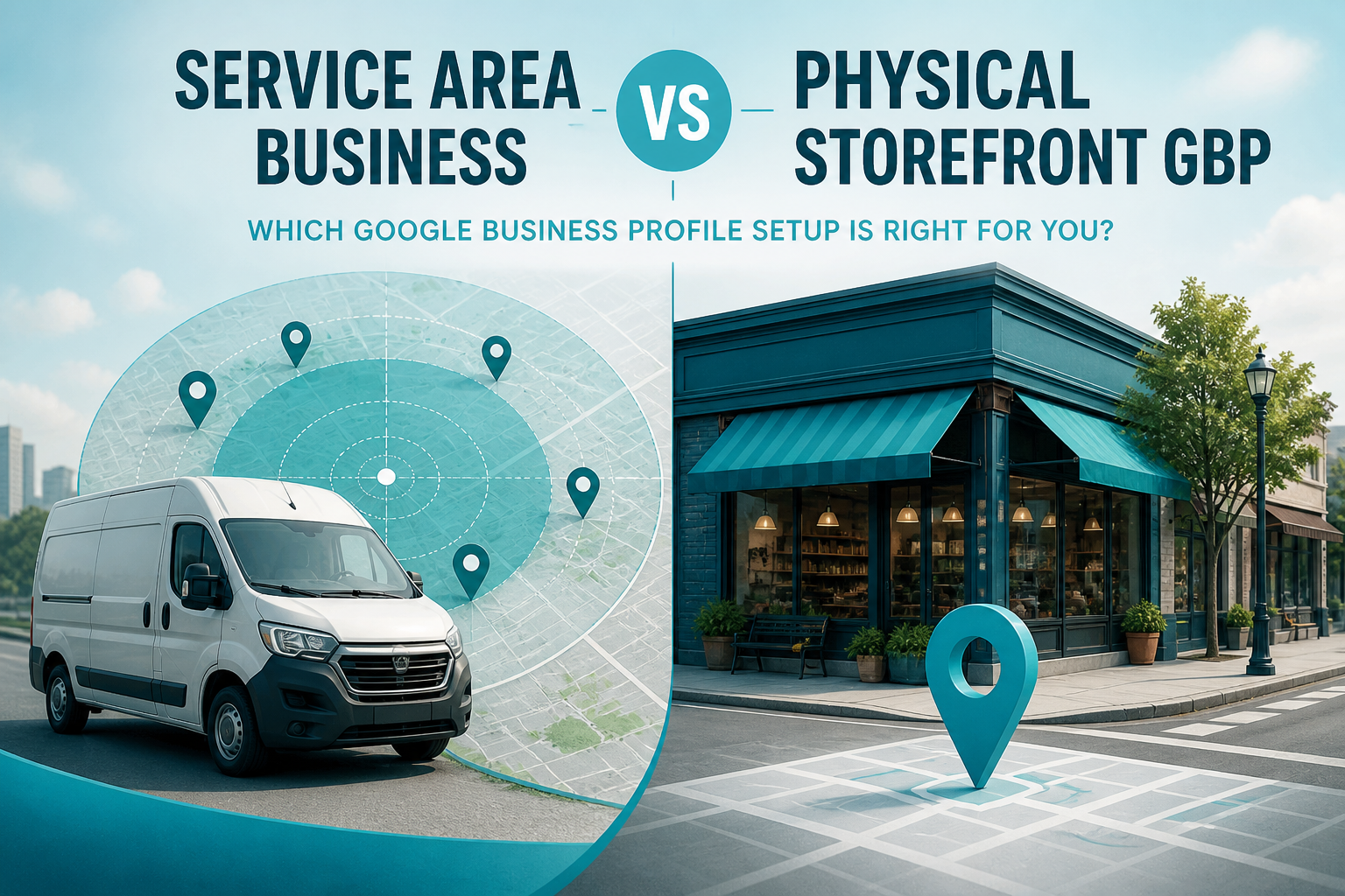 Split illustration comparing a storefront business and a service-area business on Google Maps