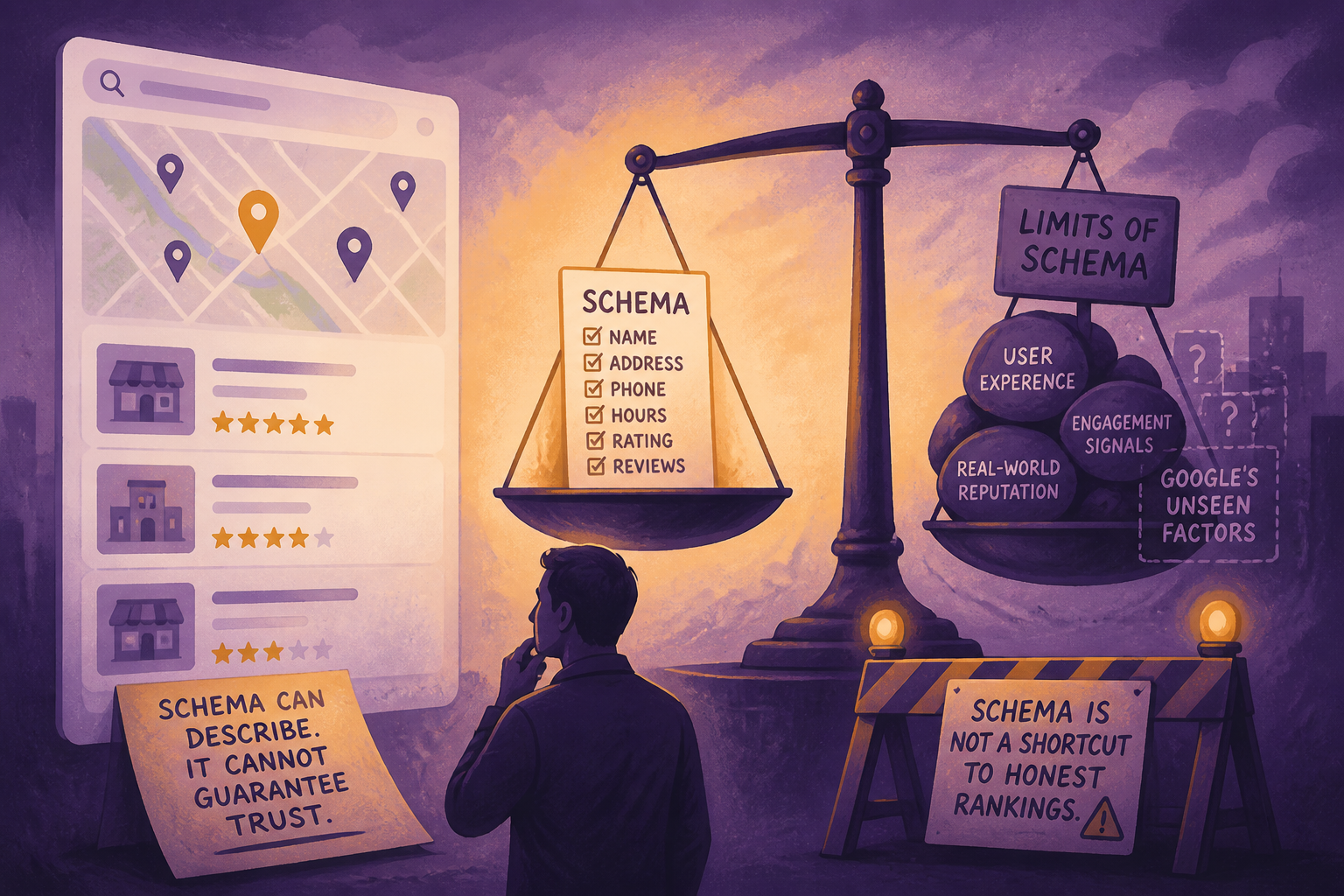 Chart illustrating the limits of what schema markup can and cannot do for local SEO rankings