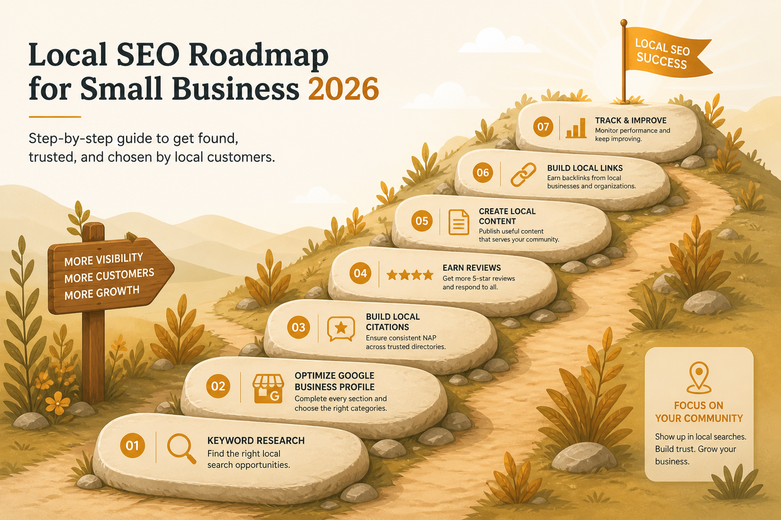 Layered roadmap diagram of the complete local SEO stack for small businesses