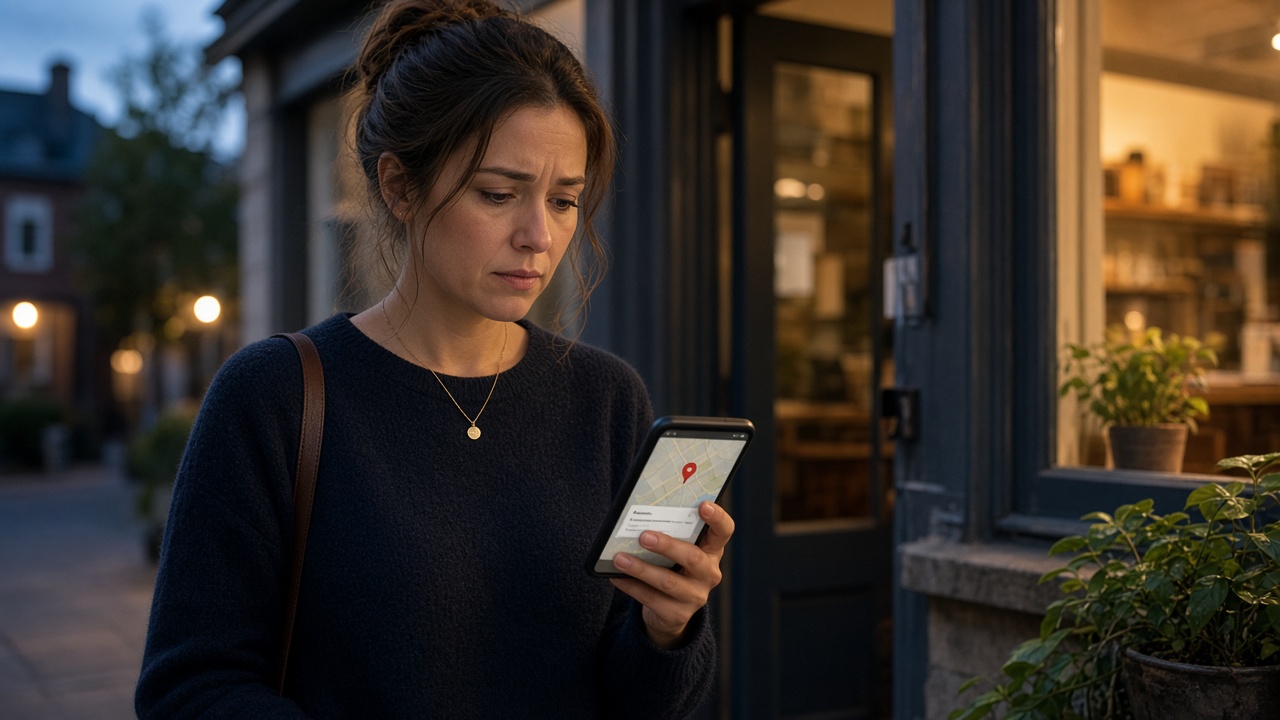 Small business owner checking a sudden Google Maps ranking drop on a smartphone outside a storefront